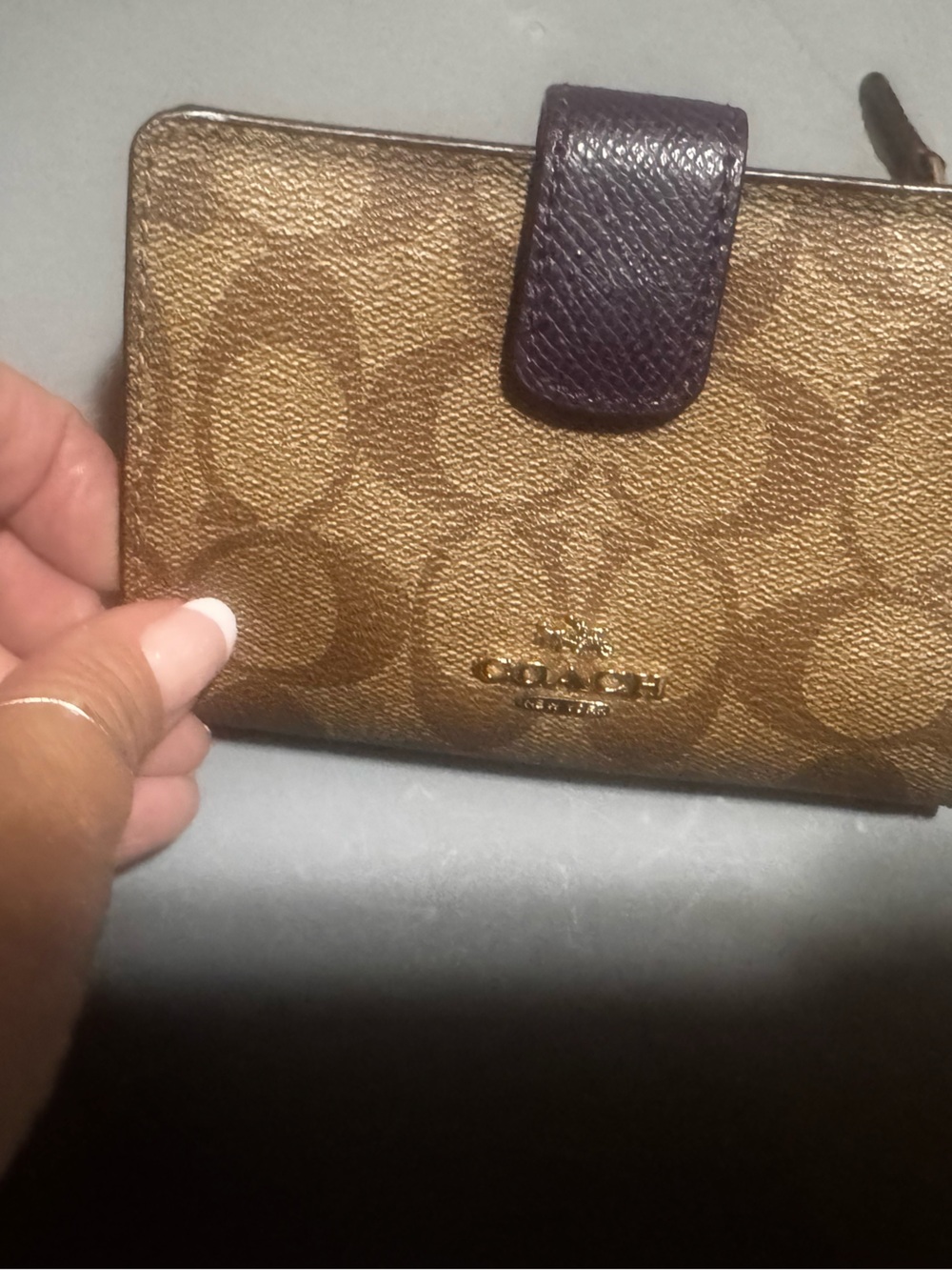 Coach Brown Signature Wallet with Dark Purple Snap